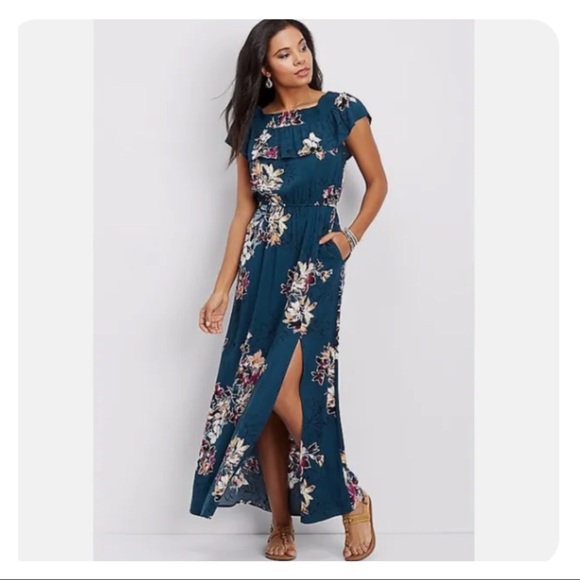 Maurices Dresses & Skirts - Maurices Maxi Dress Green Floral On/Off Shoulder Pockets Women's Size L/XL